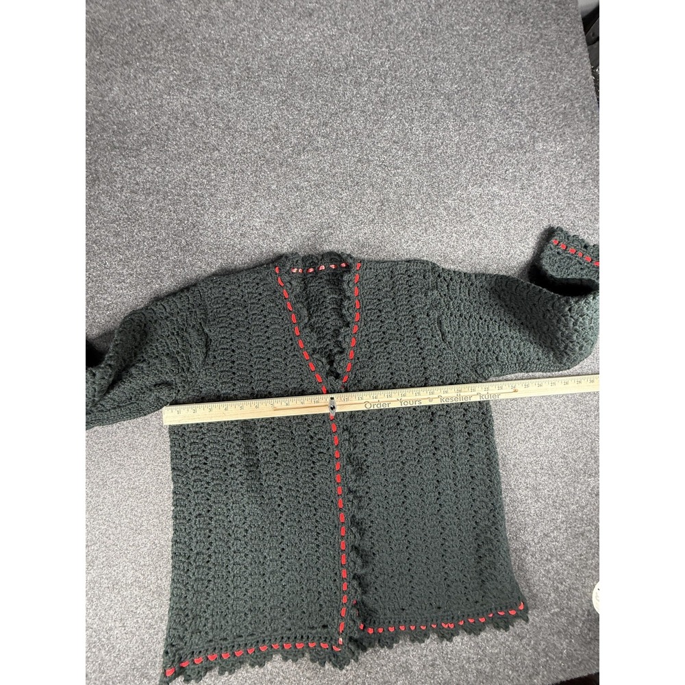 Vintage Handmade Grandma Sweater Womens Large Navy Blue Open‎ Cardigan Red Trim - Picture 3 of 9